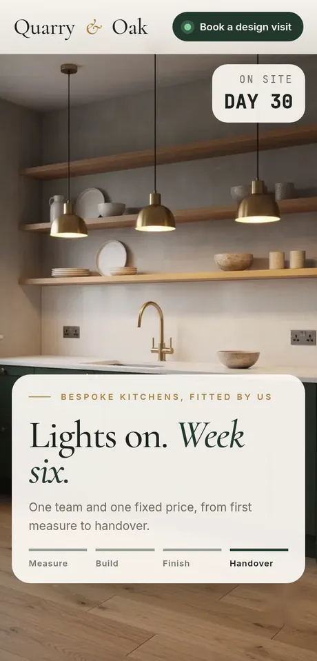 Quarry and Oak, a kitchen fitter: warm, photo-led homepage
