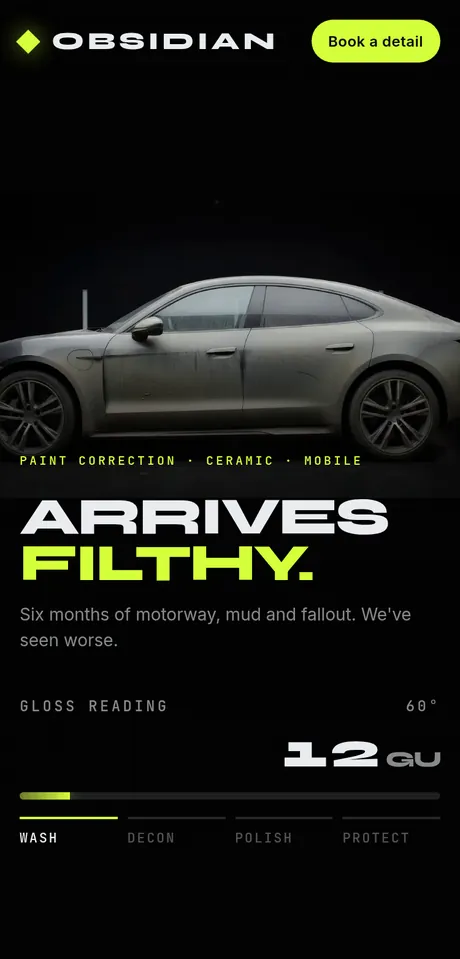 Obsidian, a car detailer: bold, dark homepage