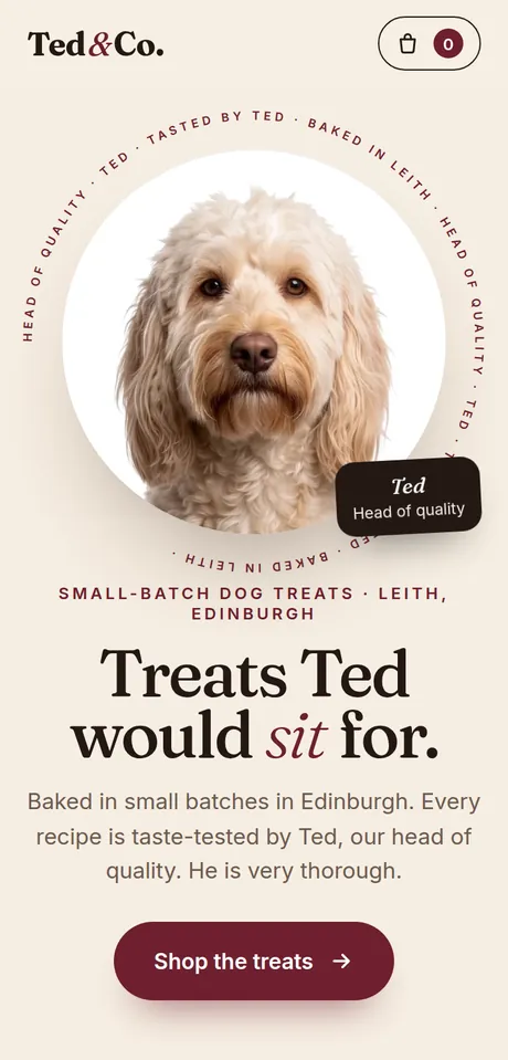 Ted and Co, a dog treat bakery: friendly, bright homepage