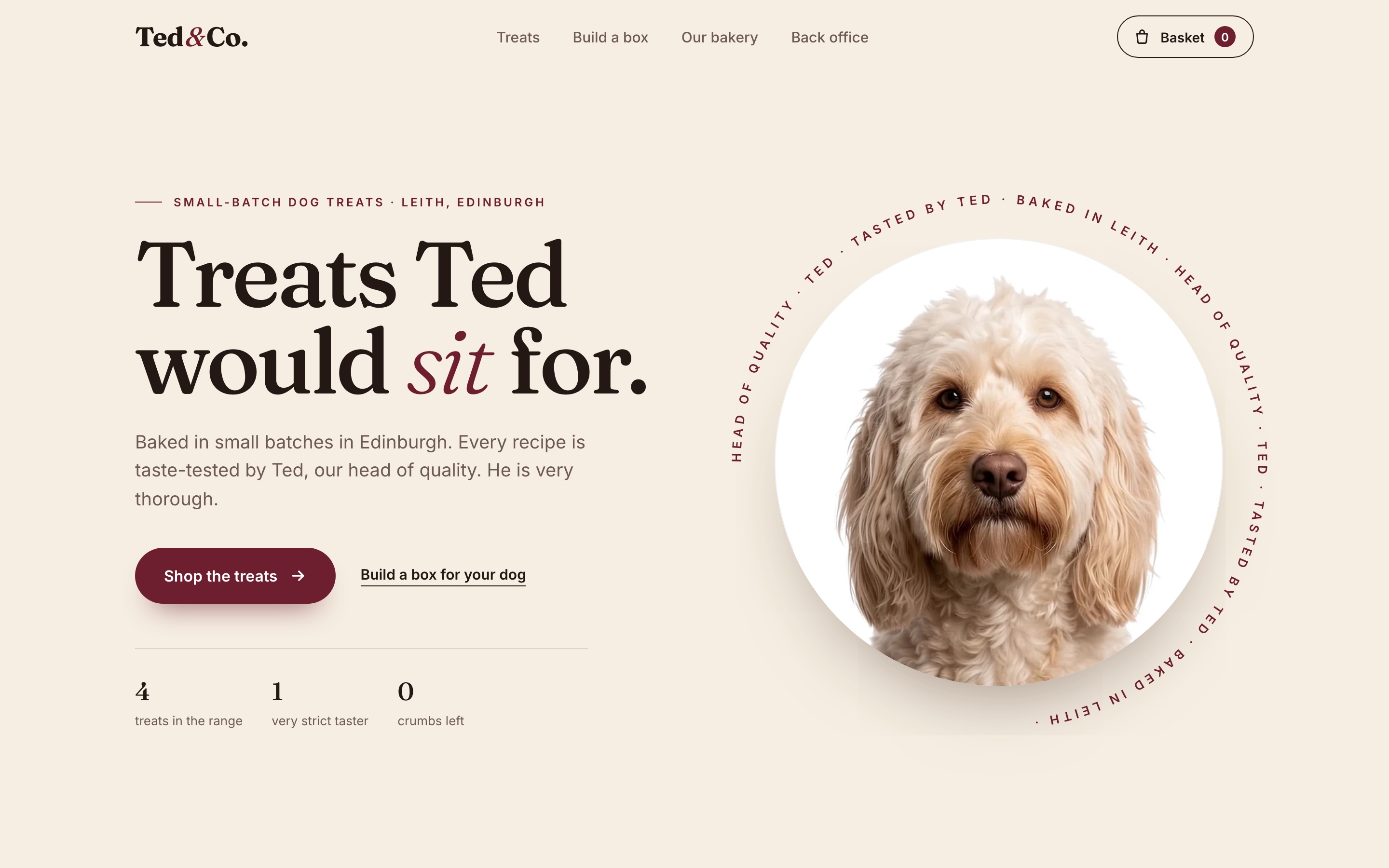 Ted & Co. bakery website with Ted, the head taster, looking out from the page