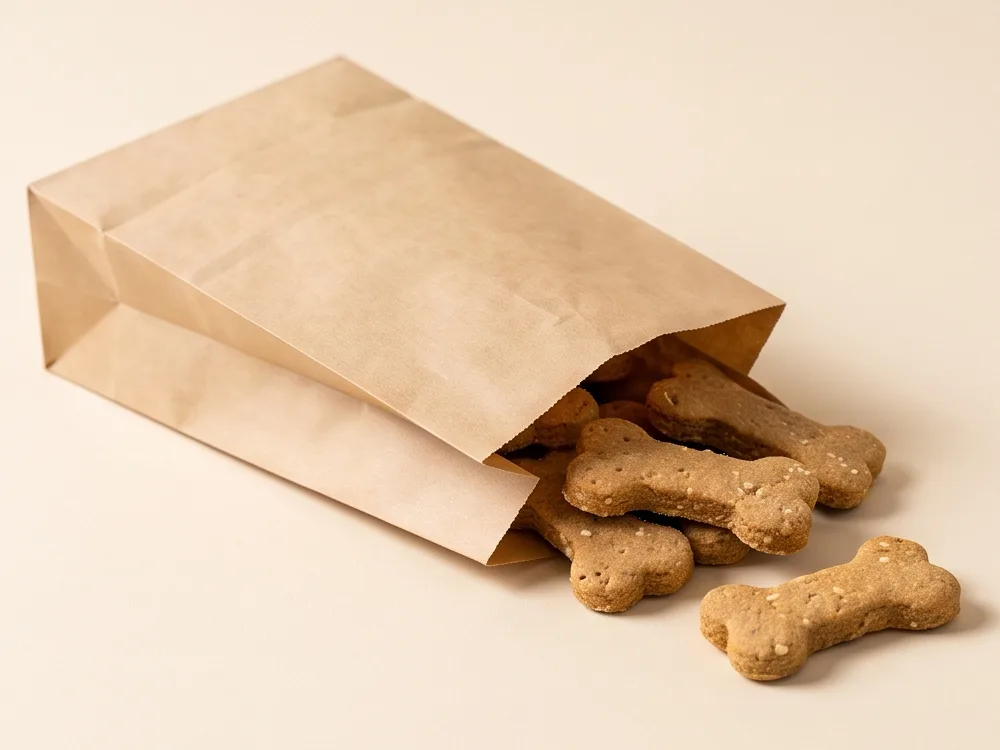 Bone-shaped peanut butter and oat biscuits spilling from a kraft paper bag