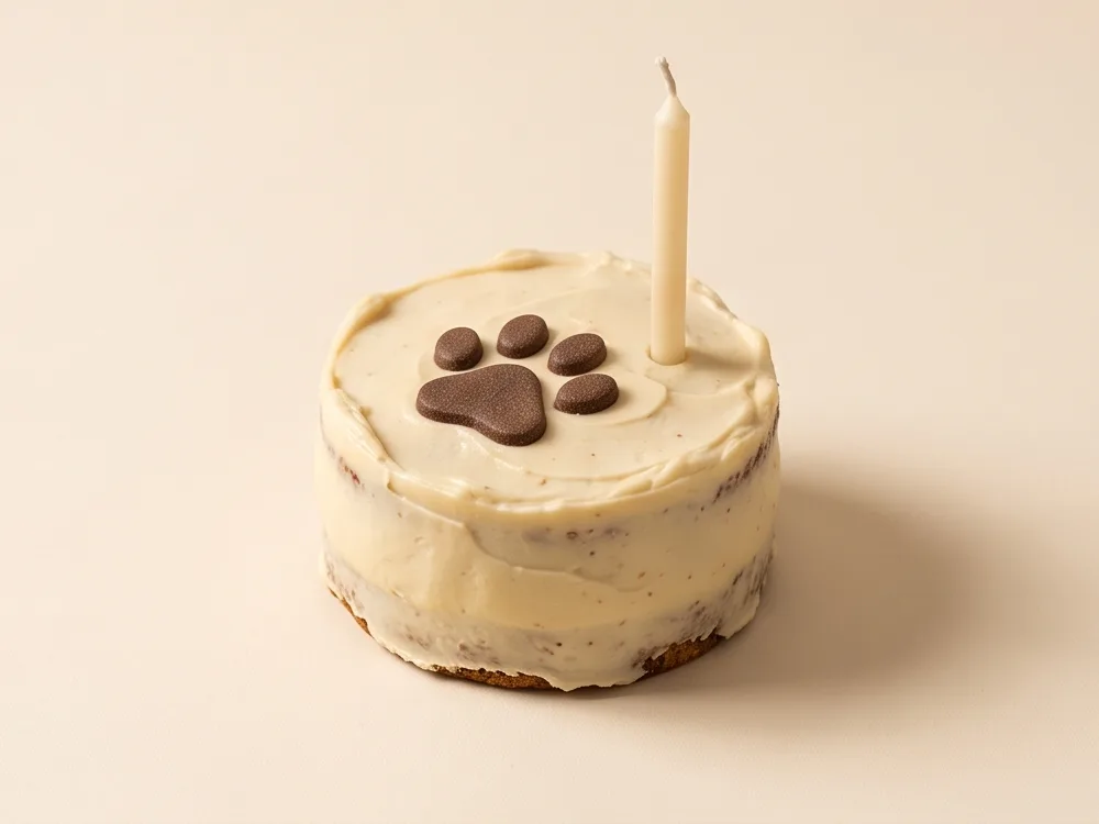 A small cream-iced dog birthday cake with a carob paw print and one candle