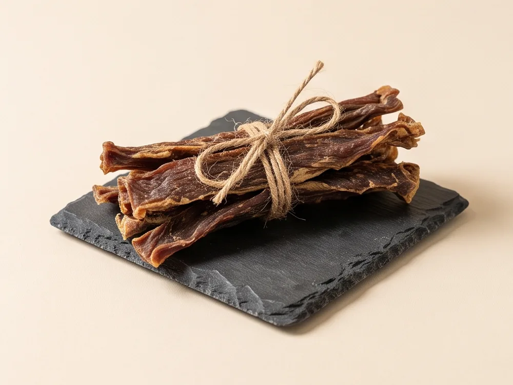 Dried lamb strips tied with twine on a slate
