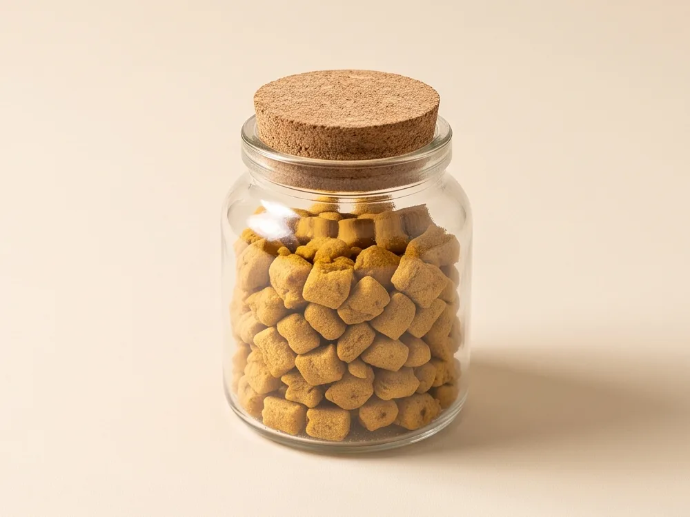 Golden salmon crunch bites in a glass jar with a cork lid