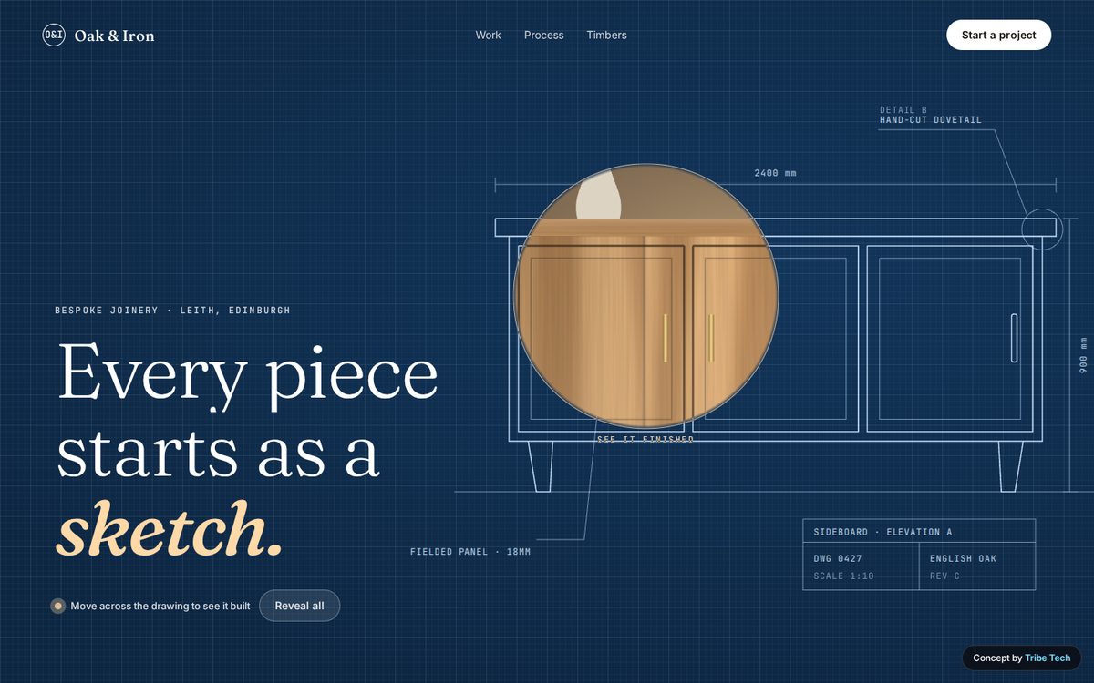Concept homepage for a joinery business, printed line by line from its blueprint