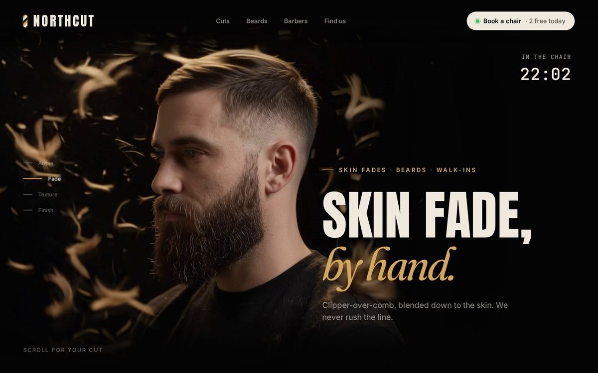 Northcut barbershop concept: a bearded man with a fresh skin fade beside the headline Skin fade, by hand.