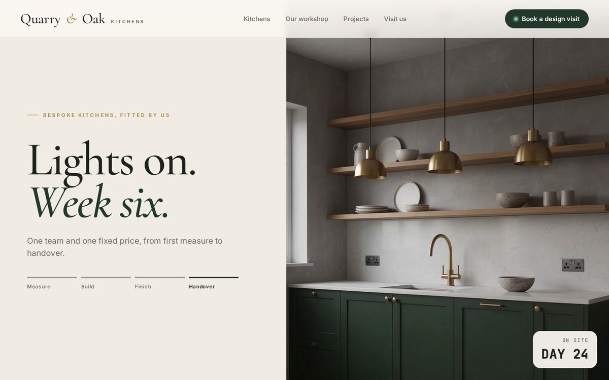 Quarry & Oak kitchen concept: a green shaker kitchen with brass pendant lights beside the headline Lights on. Week six.