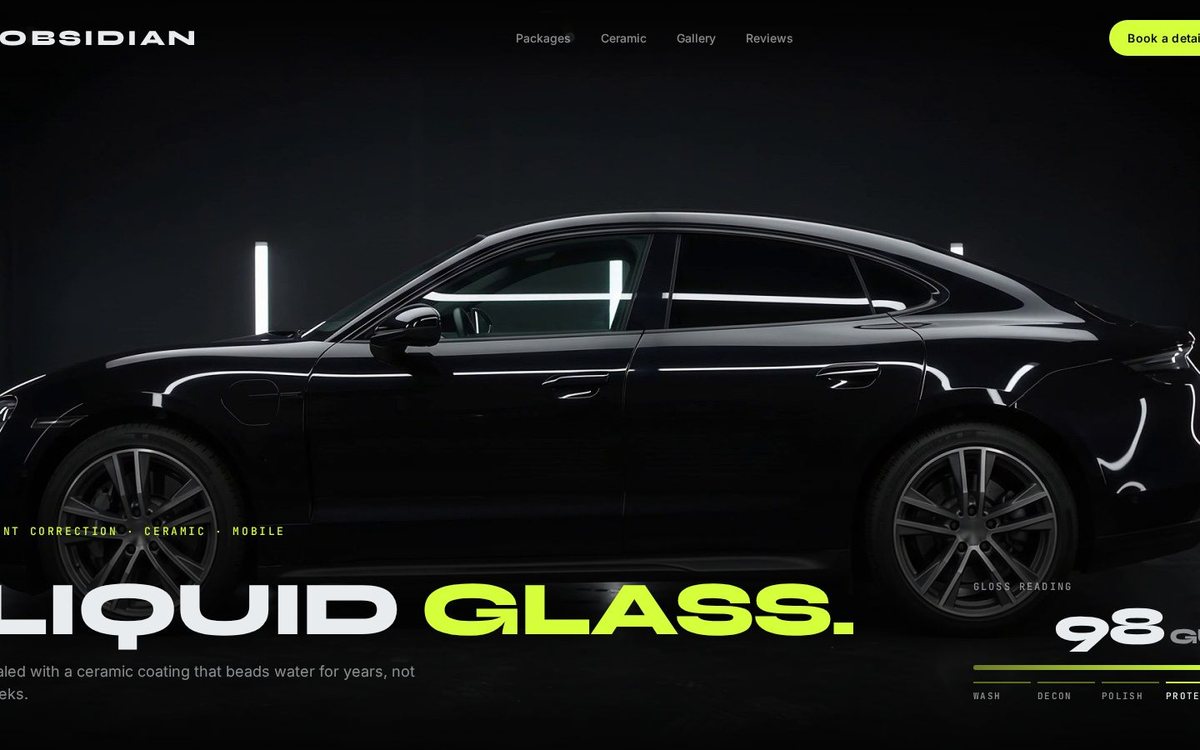 Obsidian car detailing concept: a black car polished to a mirror finish beside the headline Liquid glass.
