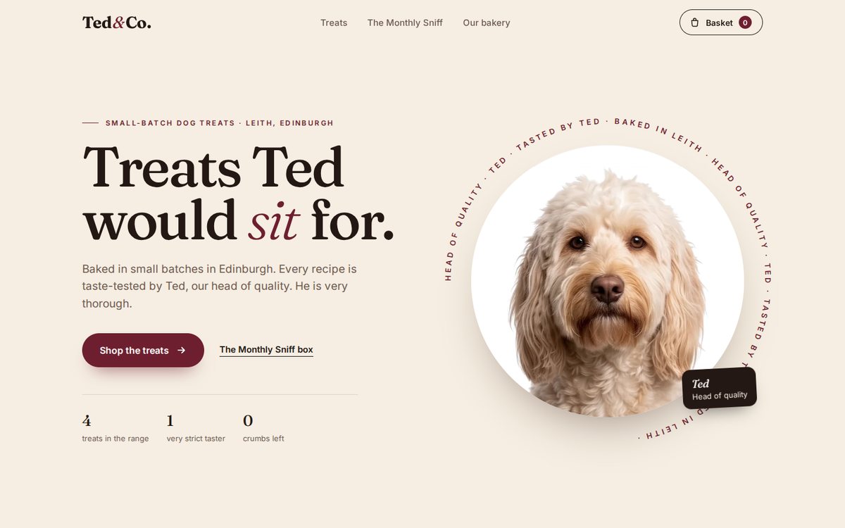 Ted & Co. dog-treat concept: Ted the labradoodle in a round portrait beside the headline Treats Ted would sit for, turning to follow the cursor.