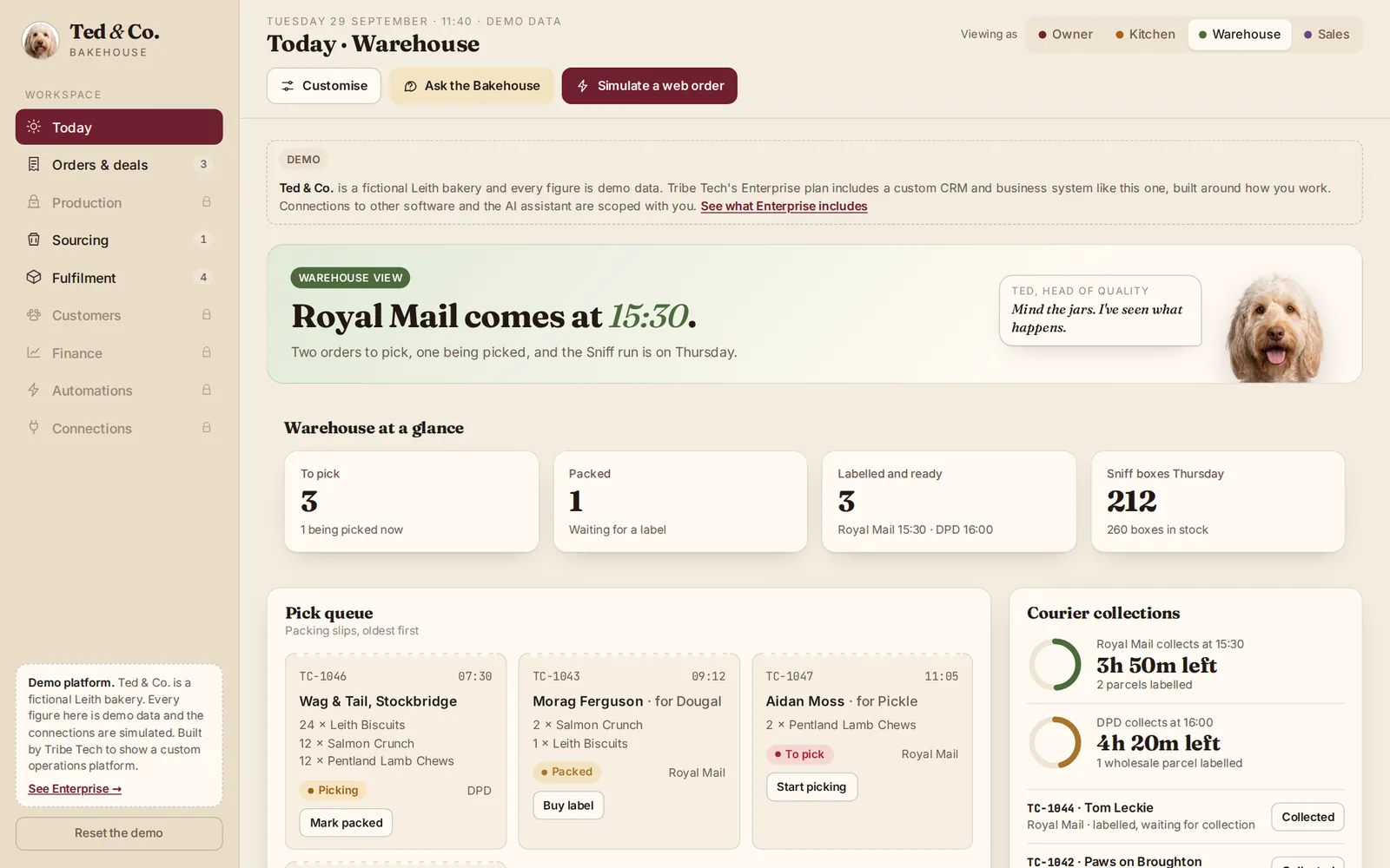 The warehouse dashboard in the Ted & Co. demo