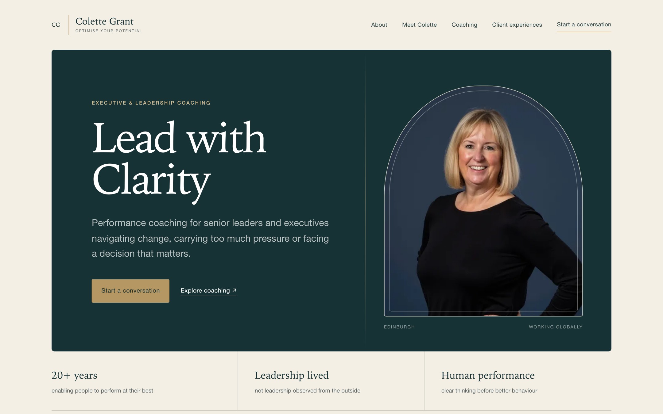 Colette Grant’s coaching website, with her portrait and the headline Lead with Clarity