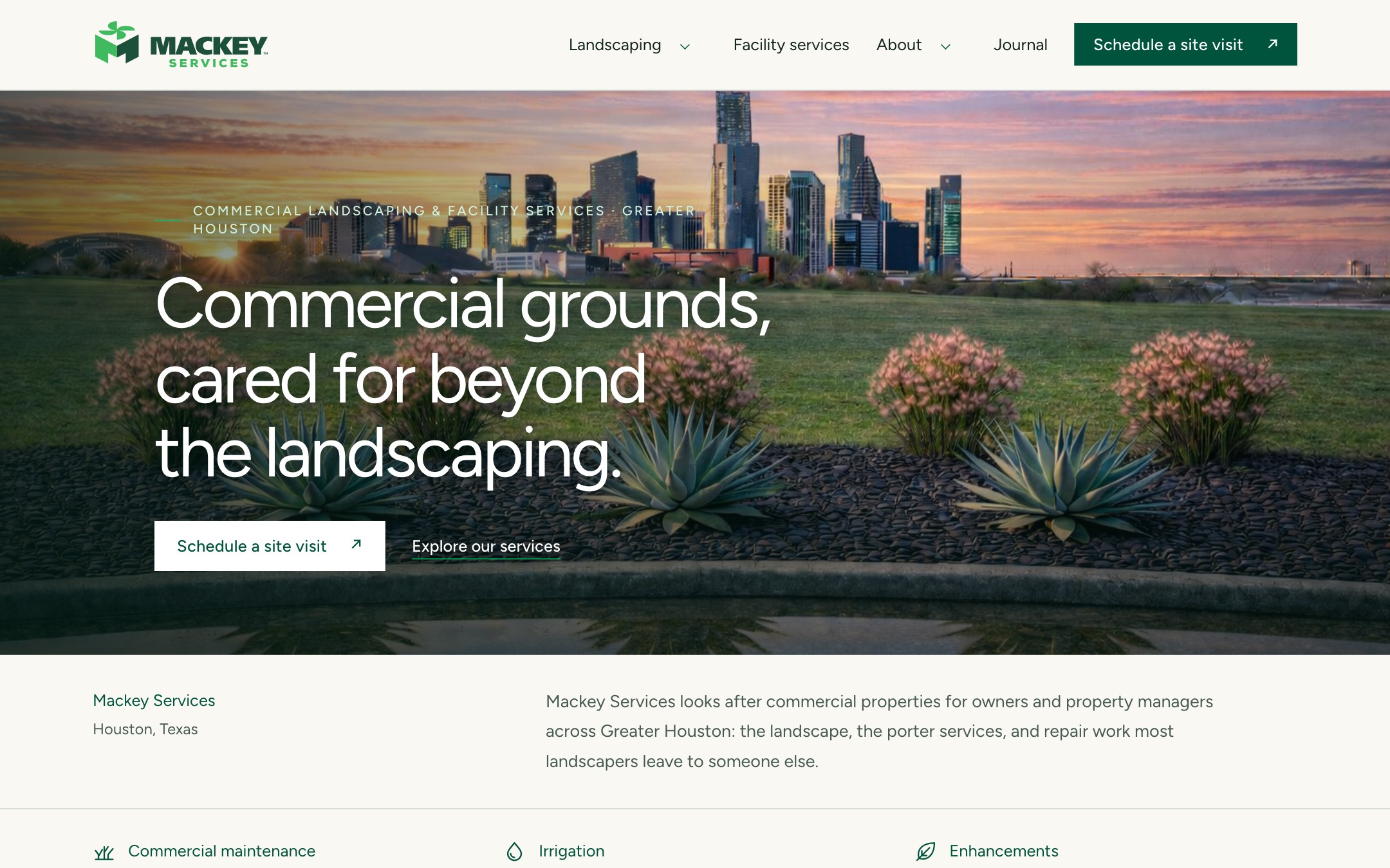Mackey Services’ website, with a landscaped Houston skyline banner and commercial grounds services